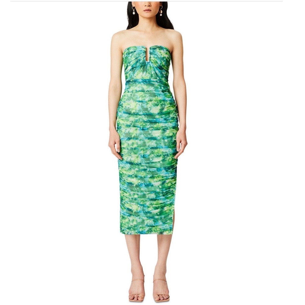 ELLIATT Larkspur‎ Printed Mesh U Wire Dress Green Multi Strapless Bodycon XS